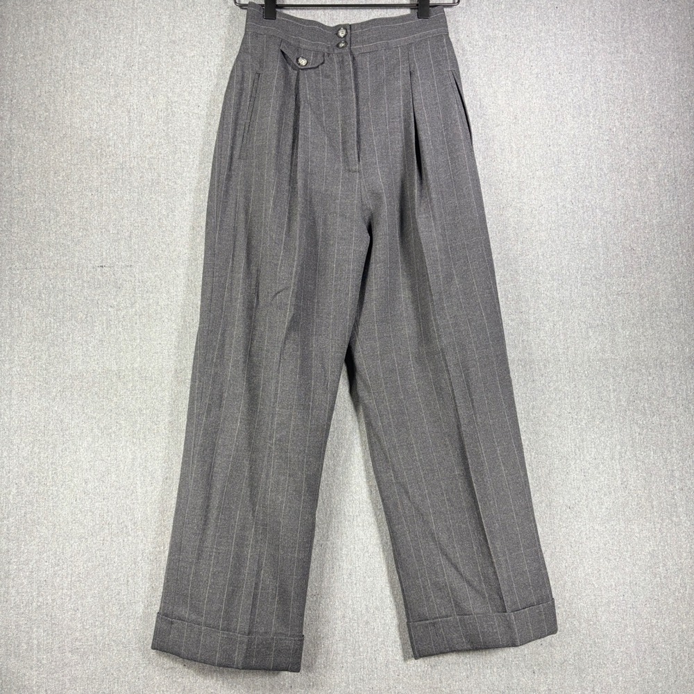 Bebe Dress Pants Women 2 Gray Pinstripe Wool High Waist Pleated Cuffed Vintage